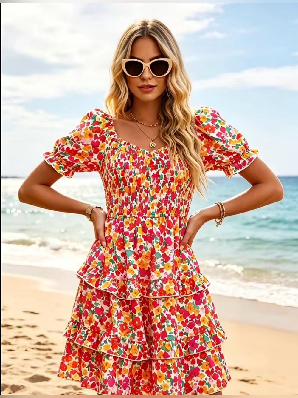 Off-Shoulder Floral Sundress in Red & Orange